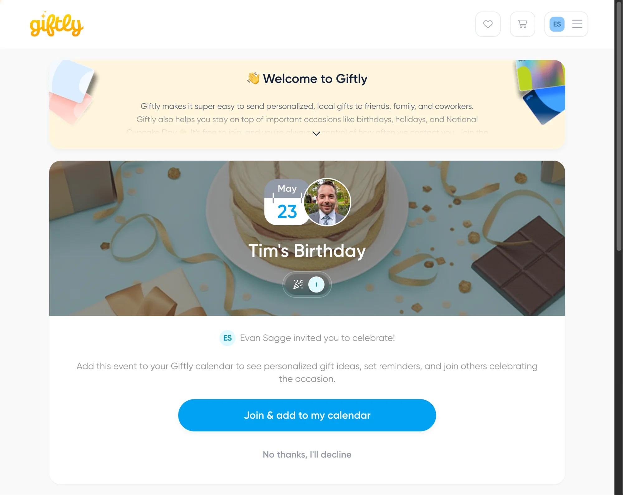 An invitation to a birthday event, showing the date and the person it belongs to over a celebration banner, with options to join and add it to your own calendar or decline.
