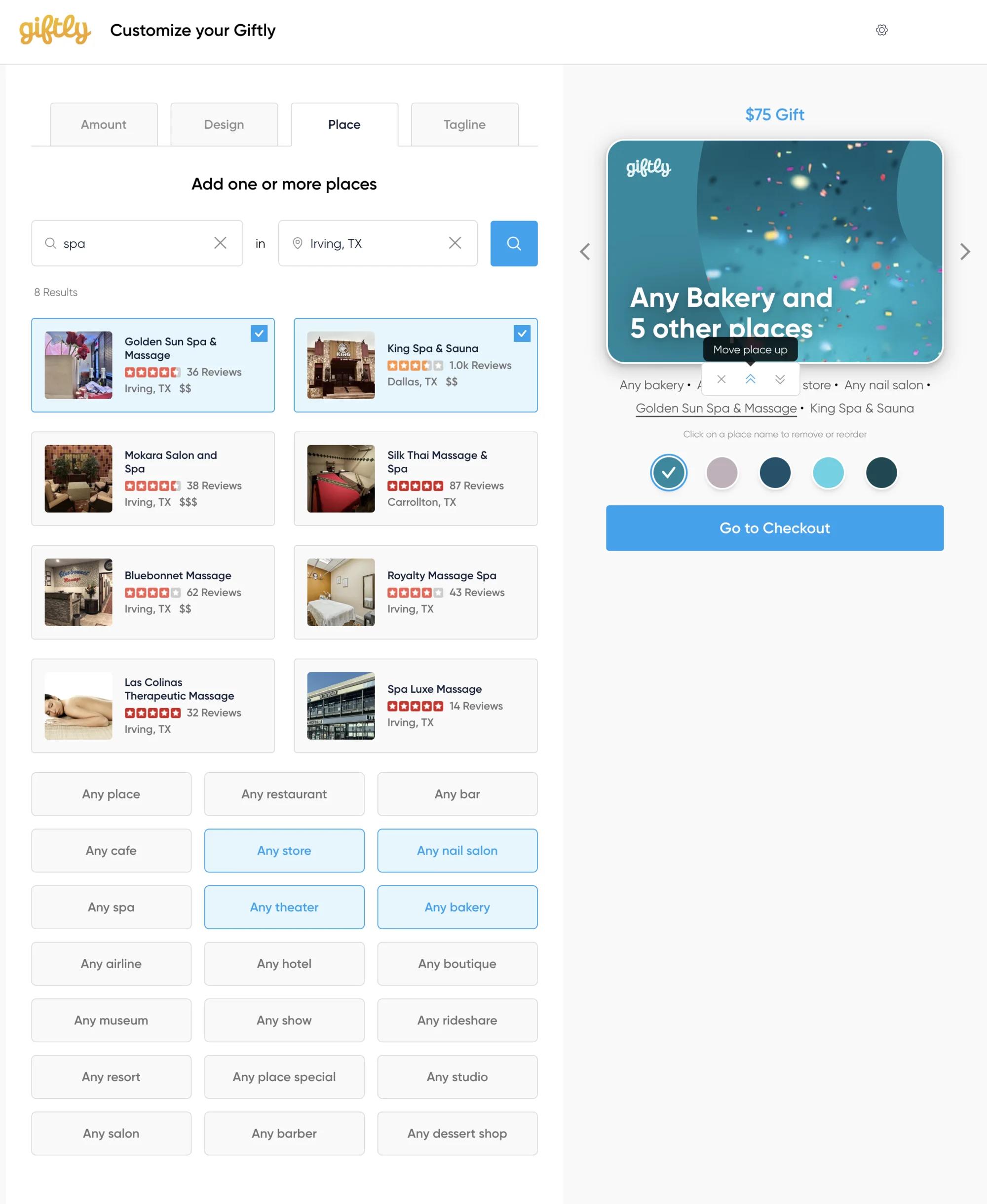 The customizer's place step: a search for spas in one city returning rated listings, category chips like "Any bakery" alongside them, and a live preview composing the selection into a single gift card.