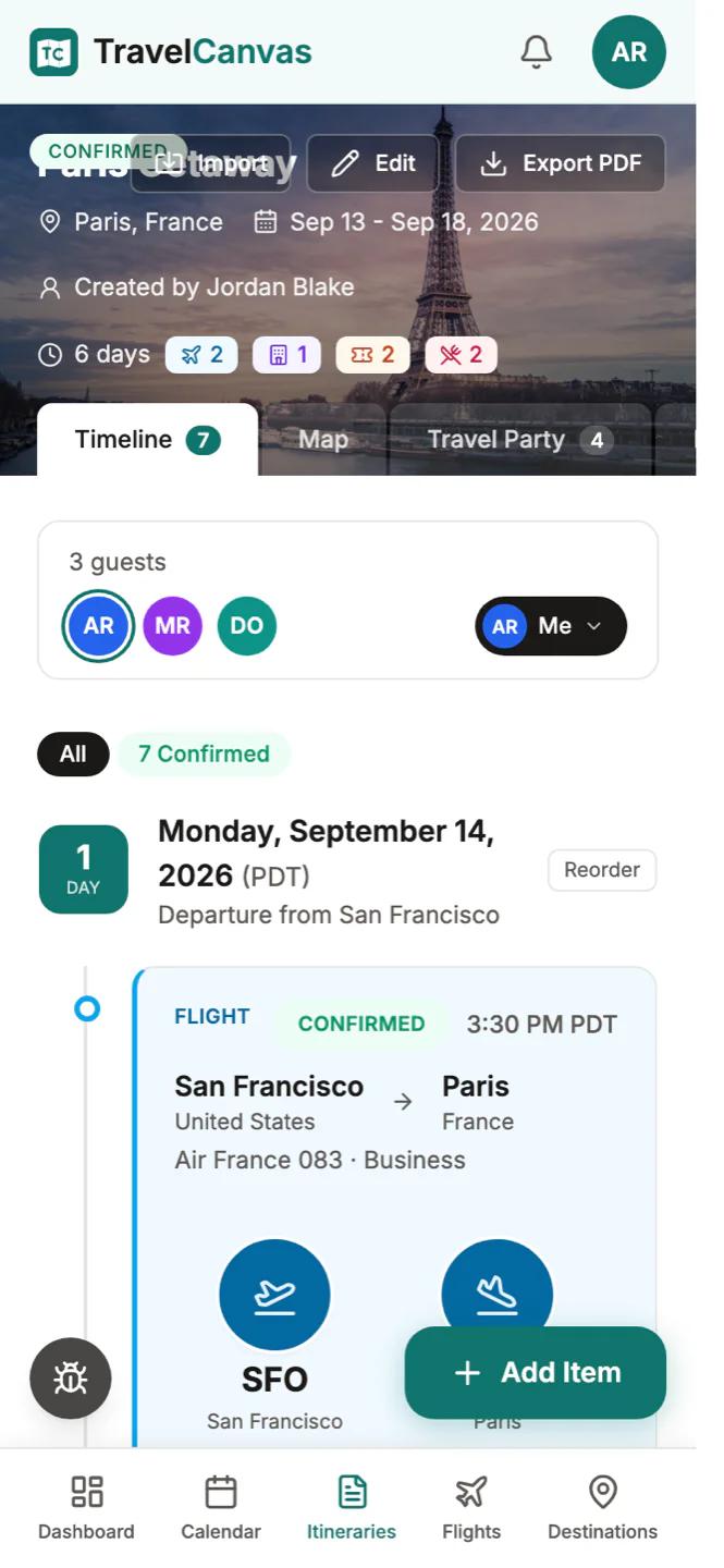 The traveller timeline on a phone: a hero with the trip dates, credited to the advisor who built it, above the first day's flight.