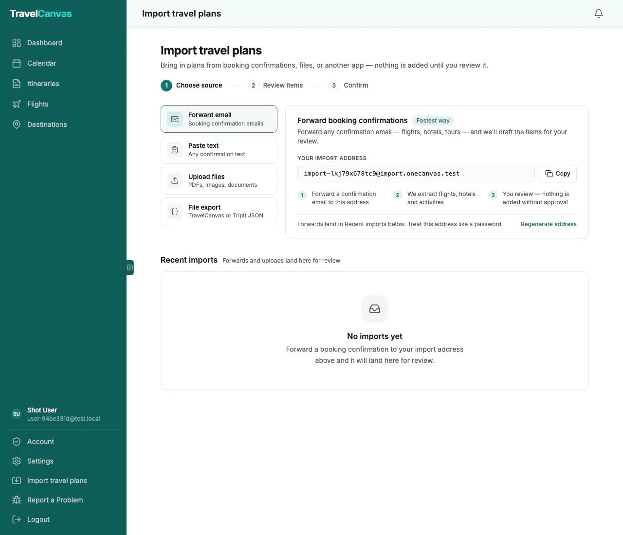 The import screen with four sources — forward email, pasted text, file upload, file export — and a personal forwarding address for booking confirmations.