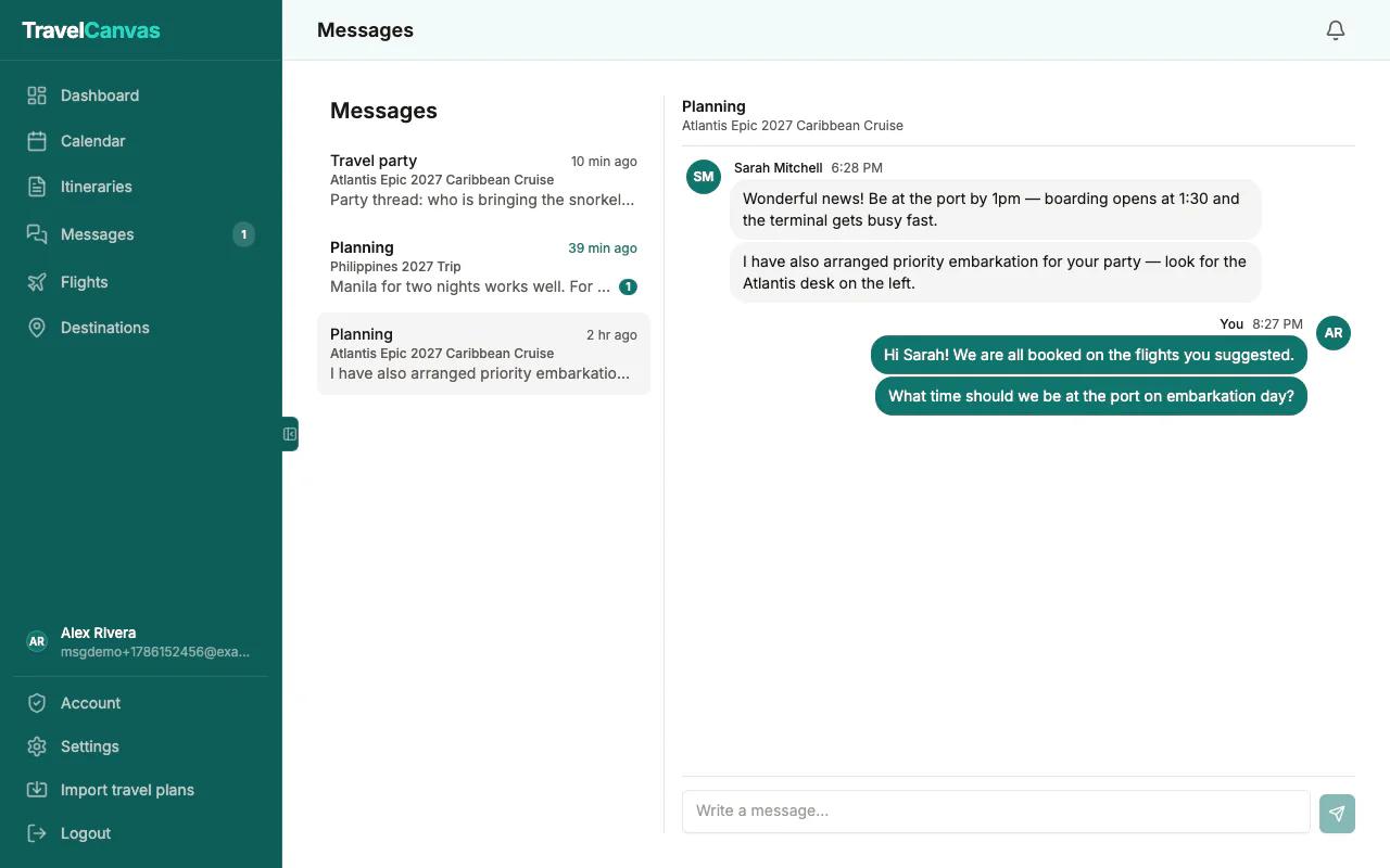 The messages inbox: planning and travel-party threads listed beside an open conversation between a traveller and their advisor.